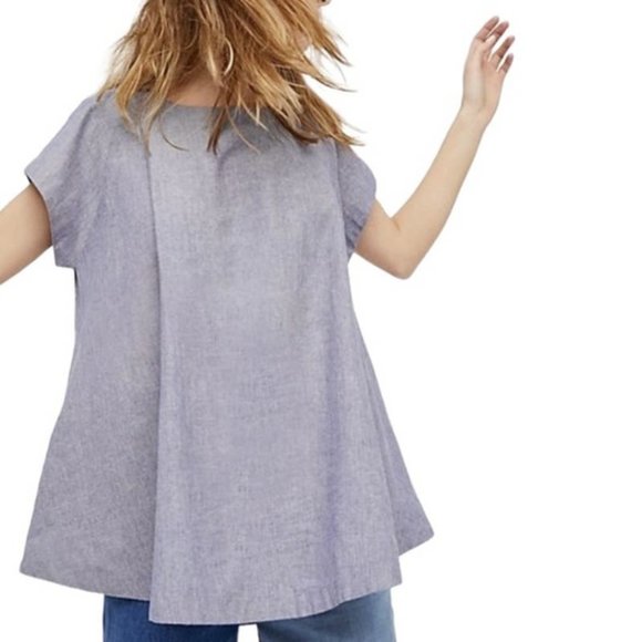 Free People Size XS Crazy Hearts Chambray Babydoll Top Short Sleeve Oversized - Picture 1 of 12
